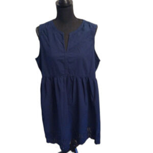 Navy Blue Shift Sleeveless Plus size XXL Dress Cotton V Neck Lace Edging